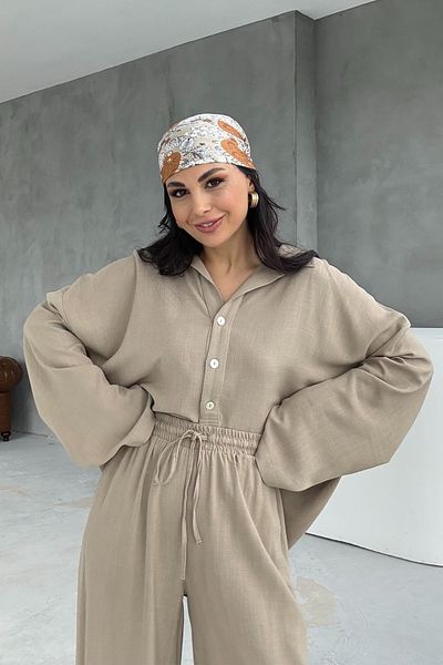 Seda Yalçın Atelier Khaki Linen Polo Collar Shirt Pants Set