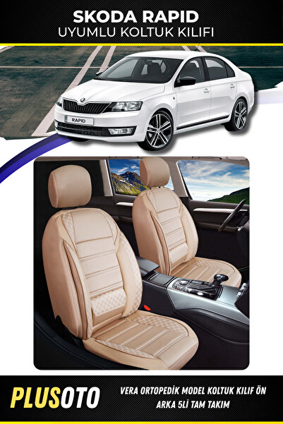 PlusOto مجموعة غطاء مقعد السيارة باللون البيج المتوافق مع سكودا رابيد مكونة م...