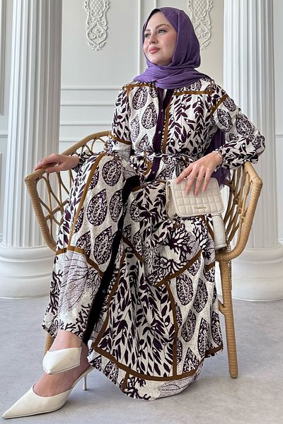 InStyle Φόρεμα μωβ βισκόζης με πολύχρωμο μοτίβο με φύλλα