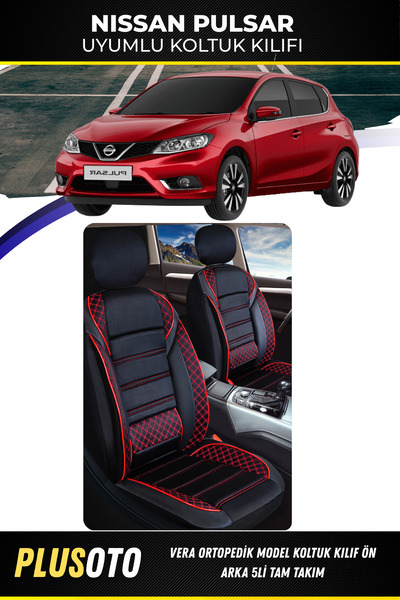 PlusOto Nissan Pulsar Compatible Vera Series Black Red Car Seat Cover Set of 5 M-575