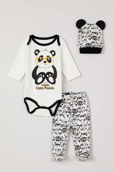 wakawakakidsstore Panda Themed 3-Piece Baby Set - Bodysuit + Pants + Eared Hat - Black - 6 Months