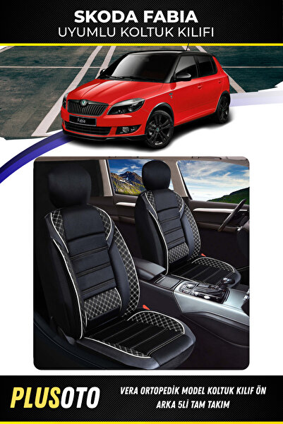 PlusOto سكودا فابيا متوافق مع سلسلة فيرا أسود أبيض غطاء مقعد السيارة مجموعة م...