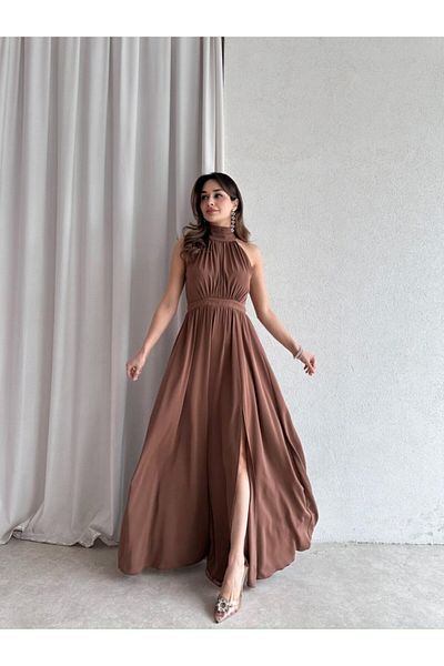 KOSHKA BUTİK Coffee Halter Neck Slit Long Silk Satin Dress