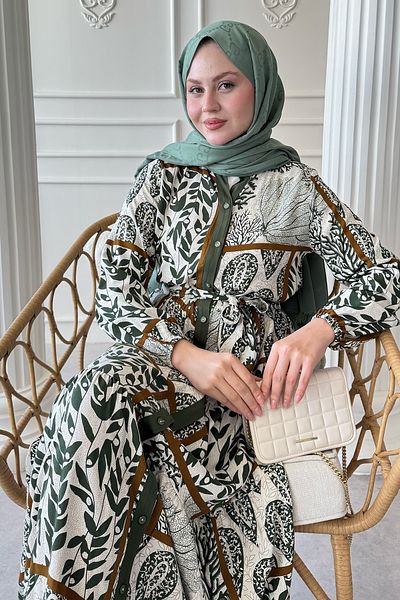 InStyle Belted Leaf Pattern Colorful Patch Green Viscose Dress