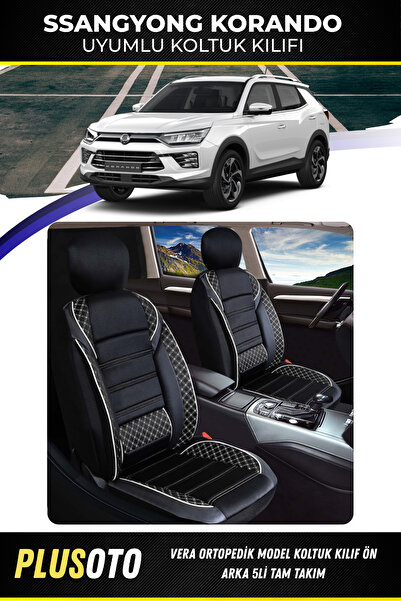 PlusOto سانج يونج كوراندو متوافق مع سلسلة فيرا أسود أبيض غطاء مقعد السيارة مج...