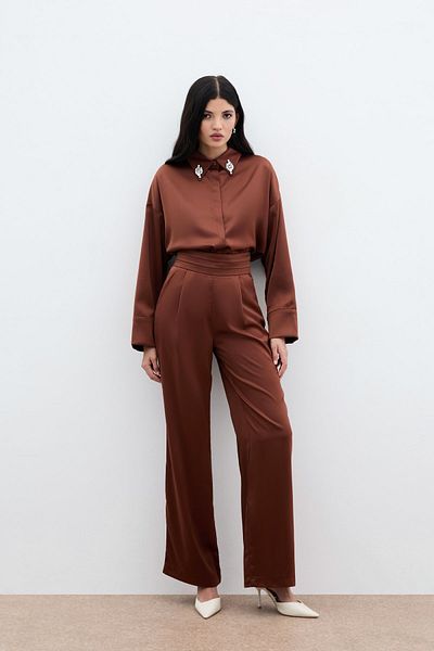 Sateen بنطلون ستان فضفاض بجيوب - بني