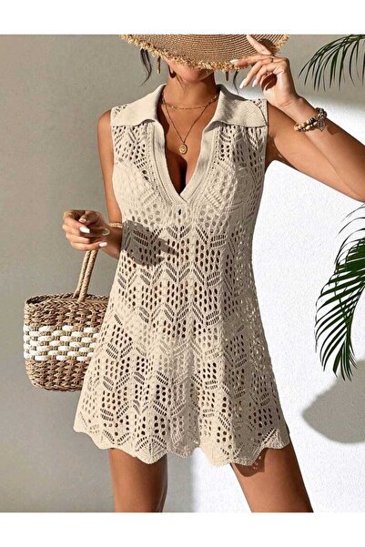 Bracha Плажна рокля с яка от 100% памук, нулев ръкав и ажурен модел