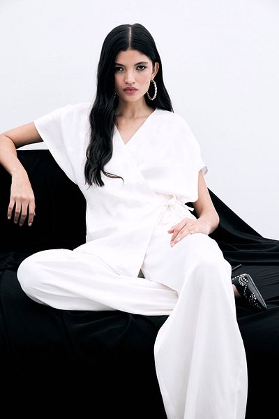 Sateen Tie-Up Jacquard Satin Blouse - Ecru