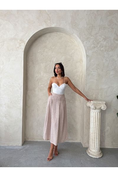Miss Allos Γυναικεία πλισέ και διπλή τσέπη με λεπτομέρεια ριγέ λινό φούστα μεσαίου μήκους