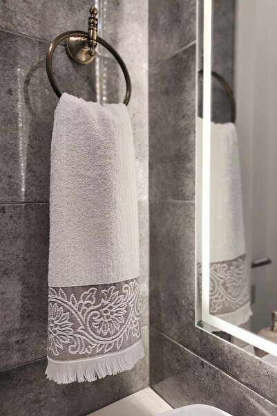 Sevim Soft and High Absorbent Bamboo Hand Towel - Cream Color, with Embossed Border, 50x90cm