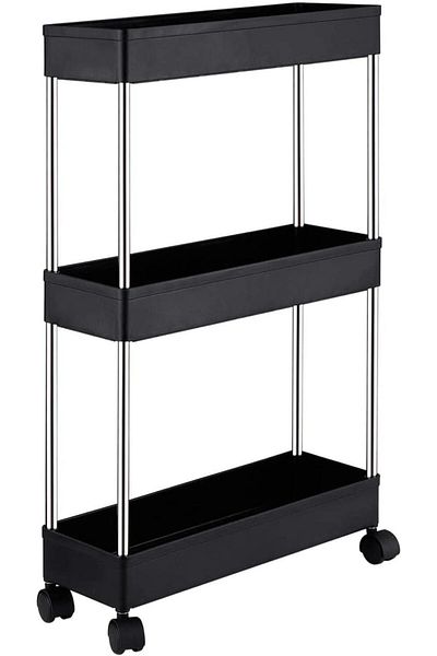 Quasar & Co. Universal Storage Shelf, With Wheels, 3 Shelves, For Narrow Spaces, 40x12x61cm, Abs/stainless steel, Black