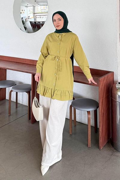 lamelif Ruffle Detailed Tunic Oil Green