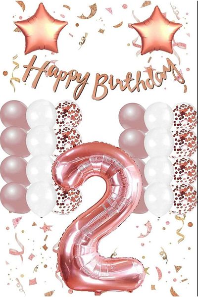 hediyeofisi Rose Gold Concept 2 Year Old Birthday Set Number and Star Foil Balloon Banner and 24 Balloons and Stamps