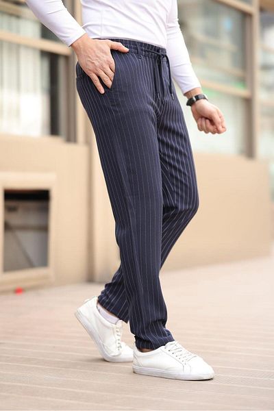 Afri Striped Fabric Navy Blue Jogger Pants