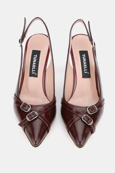 TUNAELLİ Women's Burgundy Patent Leather Genuine Natural Leather 33-34-35-41-42-43 Number Thin Heel Back Open Shoes