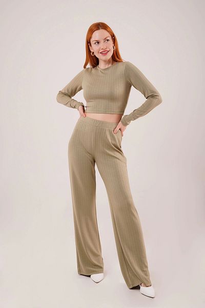 nedo7 Ribbed Blouse and Trousers Green Double Set