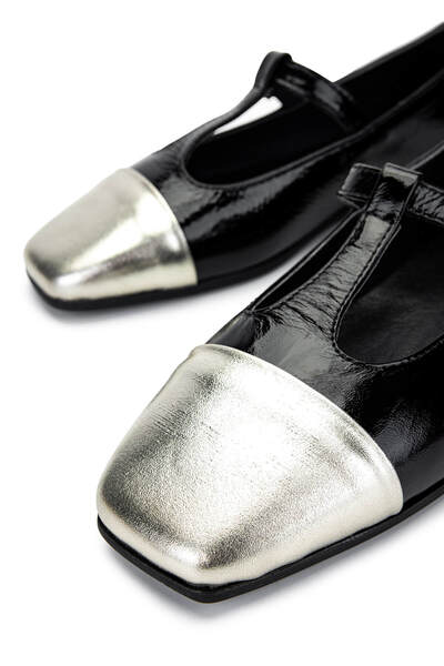 Tamer Tanca Women's Genuine Leather Black/Gold Ballerina Shoes