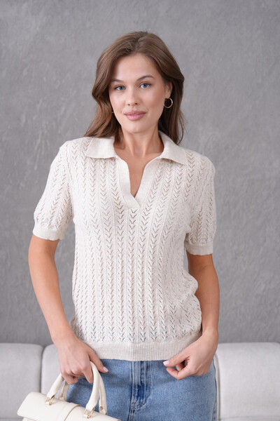 Park Karon Polo Yaka Kısa Kol Ajurlu Polo Triko Kazak