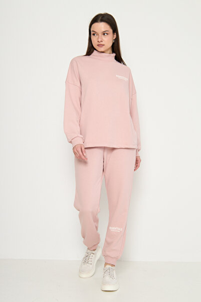 MODA Pembe Essentials Baskılı Yarım Balıkçı Sweatshirt-Eşofman Kadın Eşofman ...