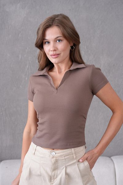 Park Karon Polo Neck Gather Detail Short Sleeve Slim Fit Camisole Basic T-Shirt