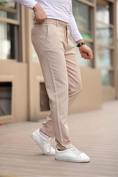 Afri Striped Fabric Beige Jogger Pants