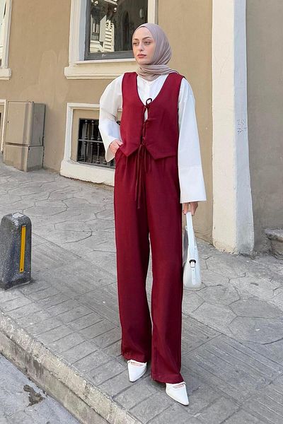 lamelif Δεμένο λεπτομερές γιλέκο-παντελόνι Κοστούμι δύο τεμαχίων Claret Red
