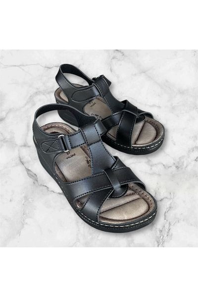 Apella Women's Black Orthopedic Sole Stitched Velcro Mother Sandals