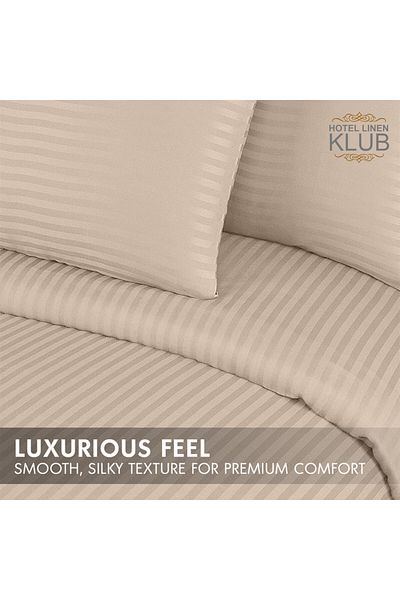 Hotel Linen Klub 3-Piece Duvet Cover Set, 100% Cotton Stripe Sateen Fabric, Beige