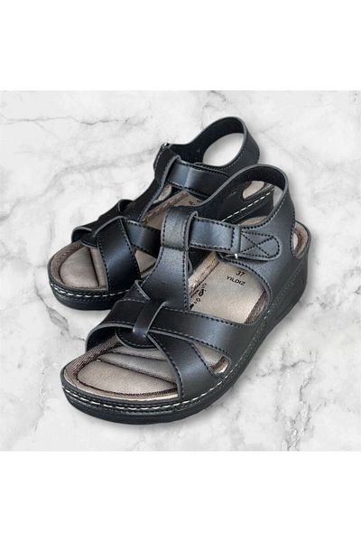 Apella Women's Black Orthopedic Sole Stitched Velcro Mother Sandals