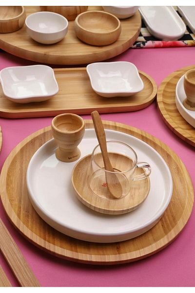 Atbyhome Aura 6-Person 61 Piece Natural Bamboo - Ceramic Breakfast Set – Breakfast Set Presentation Set