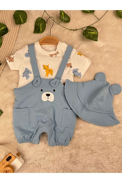 Minizade Animals Themed Bear Bucket Hat T-Shirt and Salopet 3 Piece Set