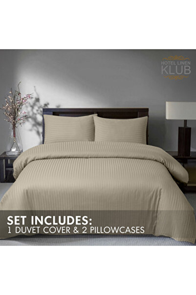 Hotel Linen Klub 3-Piece Duvet Cover Set, 100% Cotton Stripe Sateen Fabric, Stone