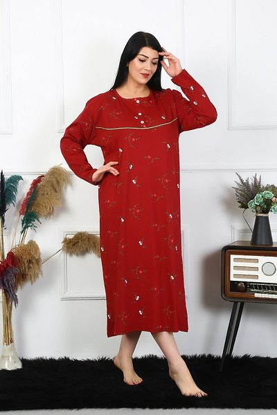modaserdem Women's Large Size Long Sleeve Claret Red Mother's Nightgown 1364
