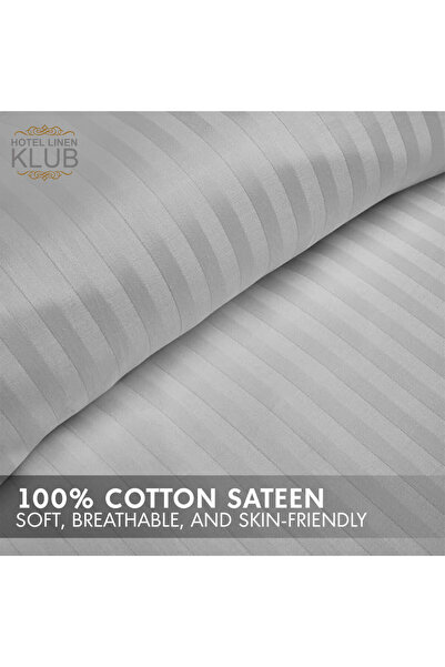 Hotel Linen Klub 3-Piece Duvet Cover Set, 100% Cotton Stripe Sateen Fabric, Silver