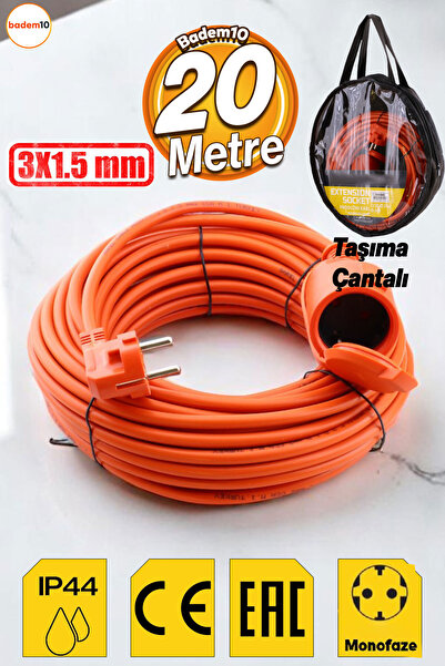 Badem10 Uzatma Kablosu 3x1.5 Mm 20 Metre Topraklı Cca Kablolu Tekli Grup Fiş Priz Kapaklı Monofaze Ev Tipi