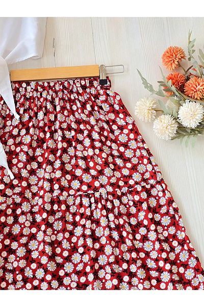 Namaste Vintage Red Daisy Patterned Colored Viscose Long Skirt (S/M/L)