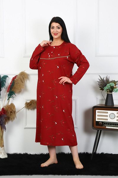 modaserdem Women's Large Size Long Sleeve Claret Red Mother's Nightgown 1364