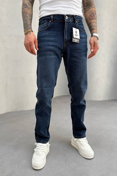 MADZEYMODA Ανδρικό τζιν παντελόνι με κανονική εφαρμογή Lycra εύκαμπτο σκούρο μπλε τζιν KE-675