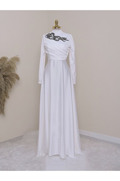 Modamorfo Draped Evening Dress with Stones on the Collar - White