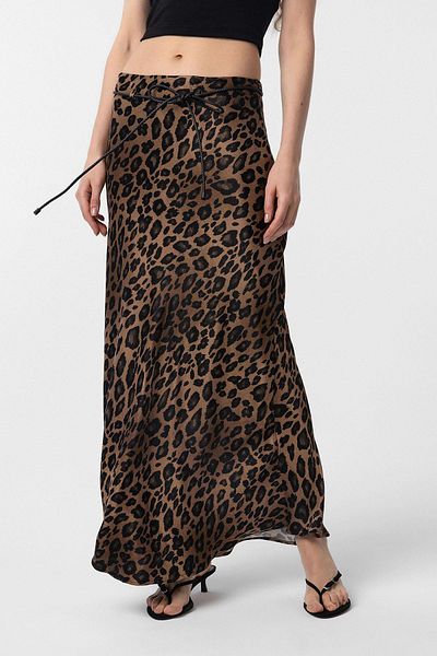 Antioch Brown Leopard Patterned Belted Long Women's Skirt