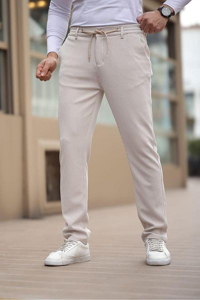 Afri Pinstripe Fabric Beige Jogger Pants