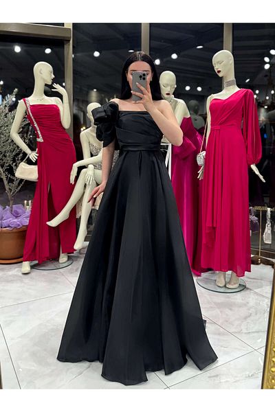 missswans Mariah Gathered One Sleeve Back Drawstring Lined Organza Long Dress Black
