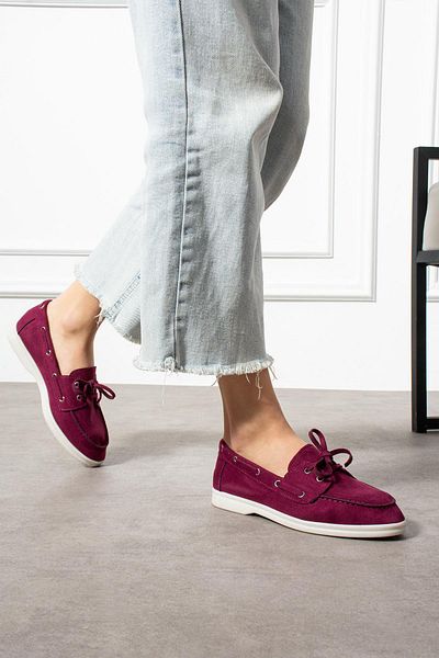 ShoeTek Rinsa Women's Ballerina Lace-Up Moccasin Claret Red Suede