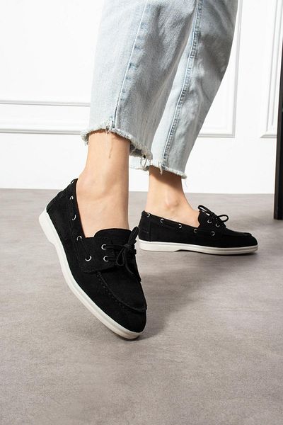 ShoeTek Rinsa Women's Ballerina Lace-Up Moccasin Black Suede
