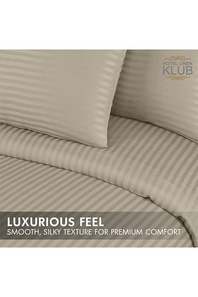 Hotel Linen Klub 3-Piece Duvet Cover Set, 100% Cotton Stripe Sateen Fabric, Stone