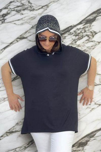 yagmurberen Hooded Stone Decorated Sleeve Mouth Ribbed Large Size Bluz