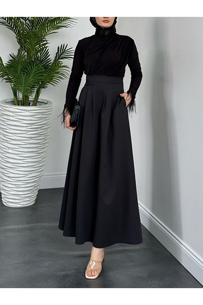 Modamorfo Pleated Pocket Flared Skirt -Black