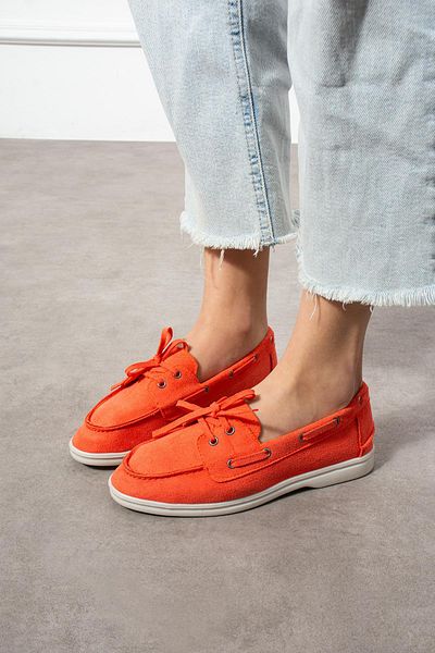 ShoeTek Rinsa Women's Ballerina Lace-Up Moccasin Orange Suede