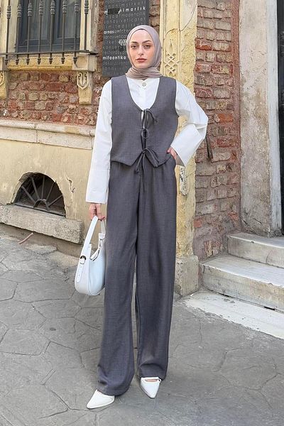 lamelif Lacing Detailed Vest-Pants Double Suit Smoked