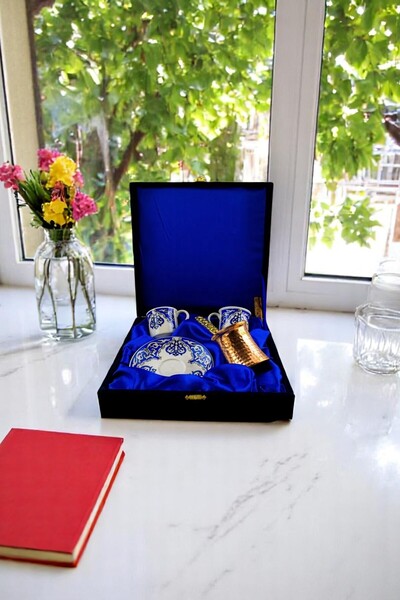 e-meta Kütahya Bakır Cezveli Kahve Seti-5 Parça-Kadife Hediye Kutusuyla-2 Fin...